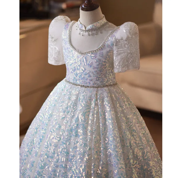 Sparkly White Rhinestone Sequins Birthday Flower Girl Dresses 2026 Ball Gown U-Neck Short Sleeve Backless Floor-Length / Long
