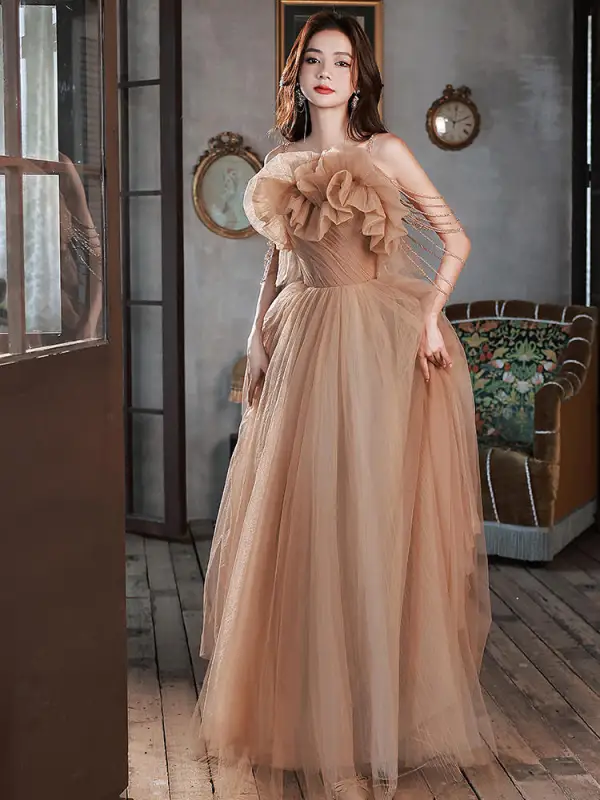 Charmant Rougissant Rose Robe De Soirée 2022 Princesse Bretelles Spaghetti Volants Sans Manches Dos Nu Perlage Longue Soirée Robe De Ceremonie