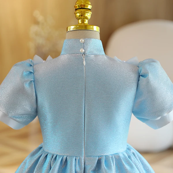 Chic / Beautiful Sky Blue Glitter Short Flower Girl Dresses 2022 A-Line / Princess Scoop Neck Pearl Short Sleeve Birthday Flower Girl Dresses