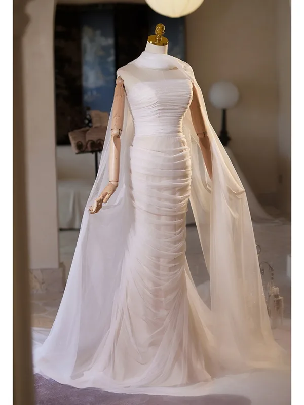 Modest / Simple White Trumpet / Mermaid Wedding Dresses 2024 Strapless Sleeveless Backless Floor-Length / Long Wedding