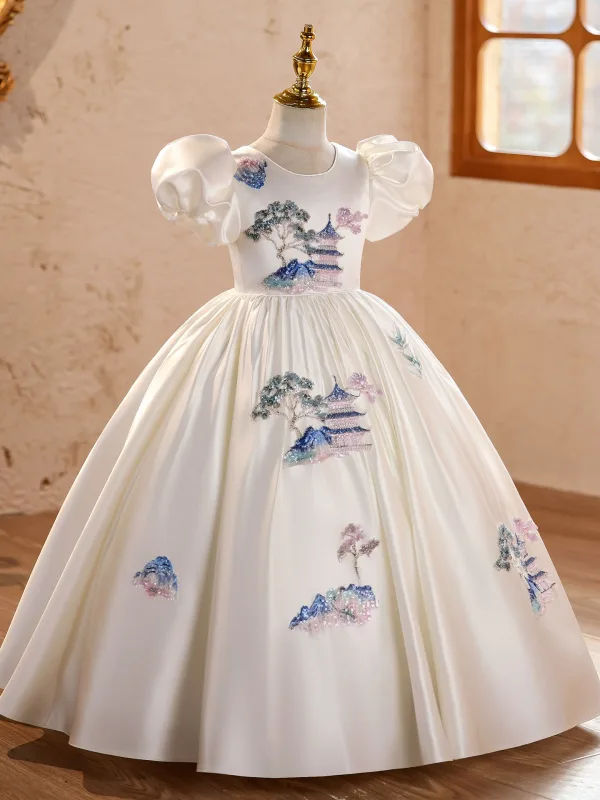 Elegant White Embroidered Birthday Flower Girl Dresses 2026 Ball Gown Scoop Neck Puffy Short Sleeve Backless Floor-Length / Long