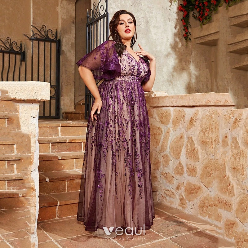 plus size purple formal dress Wholesale A-Line Lace Chiffon Evening Dresses Plus Size