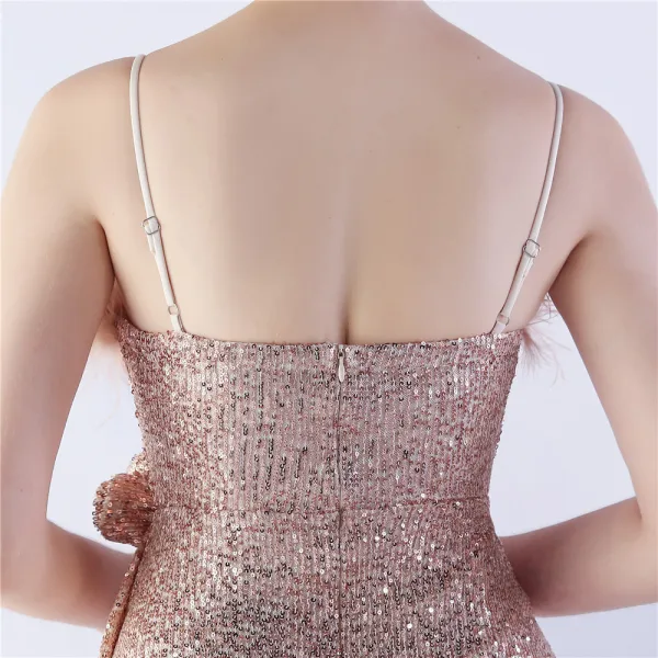 Charmant Bleu Marine Paillettes Fendue devant Robe De Soirée 2024 Trompette / Sirène Bretelles Spaghetti Gland Sans Manches Dos Nu Longue Soirée Robe De Ceremonie