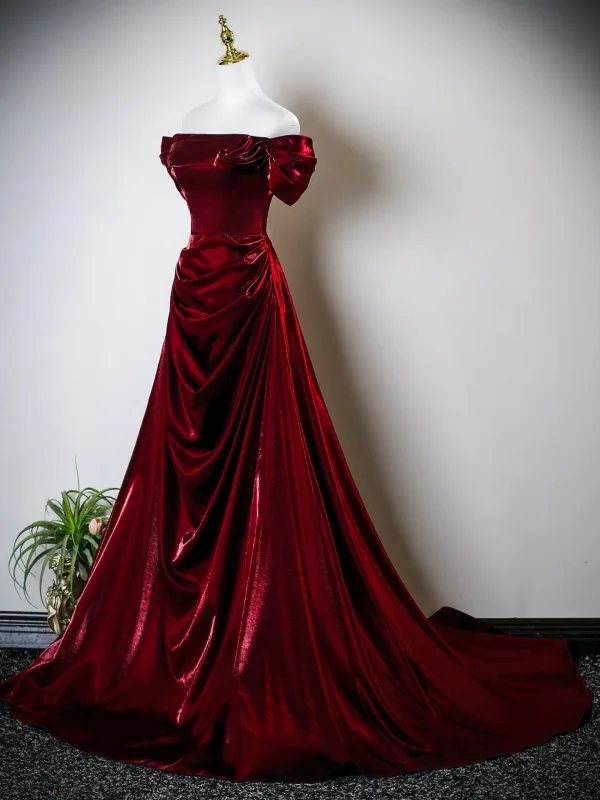 Sexy Burgundy Prom Dresses 2025 A-Line / Princess Off-The-Shoulder Short Sleeve Backless Sweep Train Prom Formal Dresses