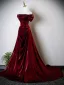 Chic / Beautiful Burgundy Prom Dresses 2025 Ball Gown Off-The-Shoulder Short Sleeve Backless Sweep Train Formal Dresses