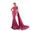 Haut de Gamme Fushia Daim Robe De Soirée 2023 Trompette / Sirène Une épaule Perlage Faux Diamant 3/4 Manches Dos Nu Longue Soirée Robe De Ceremonie
