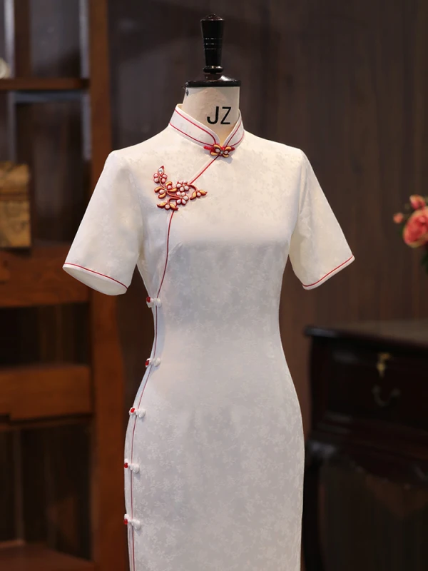 Chinese style White Silk Printing Evening Party Cheongsam 2024 Trumpet / Mermaid High Neck Short Sleeve Tea-length