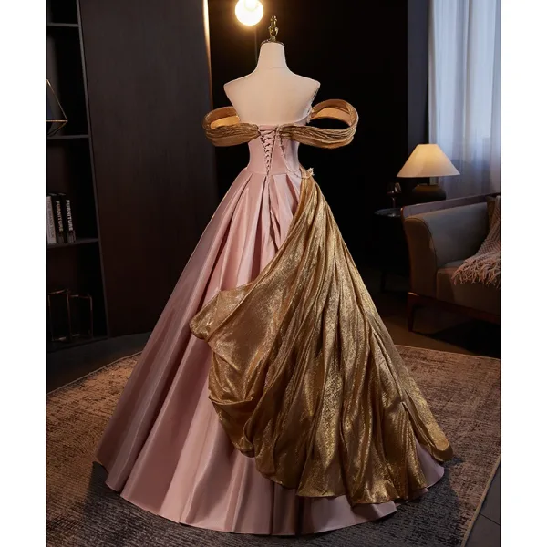 Fashion Blushing Pink Beading Prom Dresses 2024 Ball Gown Off-The-Shoulder Sleeveless Backless Floor-Length / Long Prom Formal Dresses