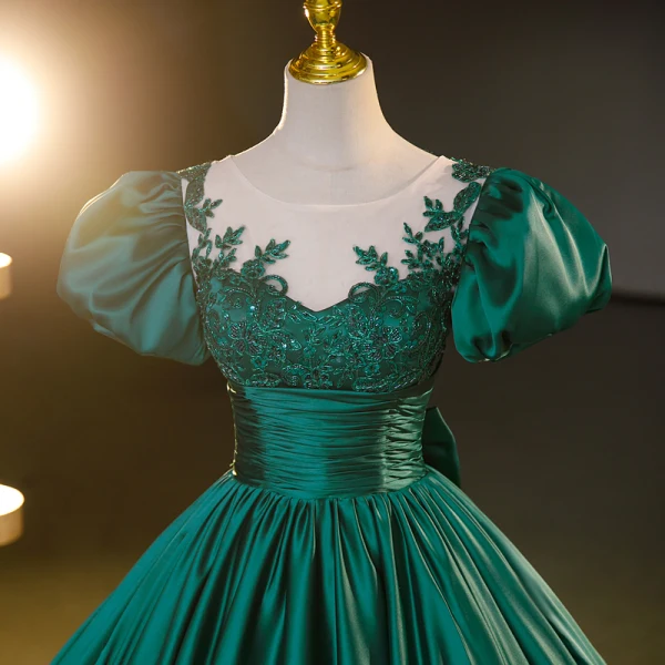Vintage / Retro Dark Green Beading Prom Dresses 2023 Ball Gown Scoop Neck Puffy Short Sleeve Bow Floor-Length / Long Satin Prom Formal Dresses