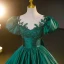 Vintage / Retro Dark Green Beading Prom Dresses 2023 Ball Gown Scoop Neck Puffy Short Sleeve Bow Floor-Length / Long Satin Prom Formal Dresses