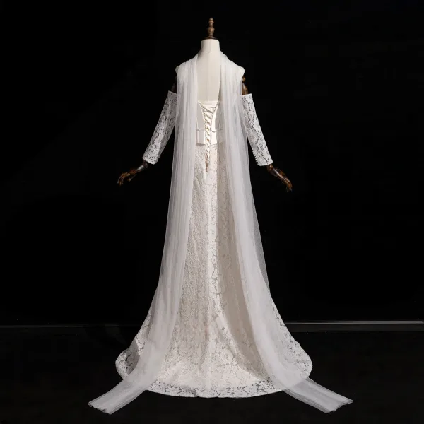 Vintage / Retro Ivory Pearl Lace Flower Corset Wedding Dresses 2026 Trumpet / Mermaid Off-The-Shoulder 3/4 Sleeve Backless Floor-Length / Long Wedding