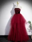 Chic / Beautiful Burgundy Prom Dresses 2023 A-Line / Princess Strapless Sleeveless Backless Bow Sash Floor-Length / Long Prom Formal Dresses