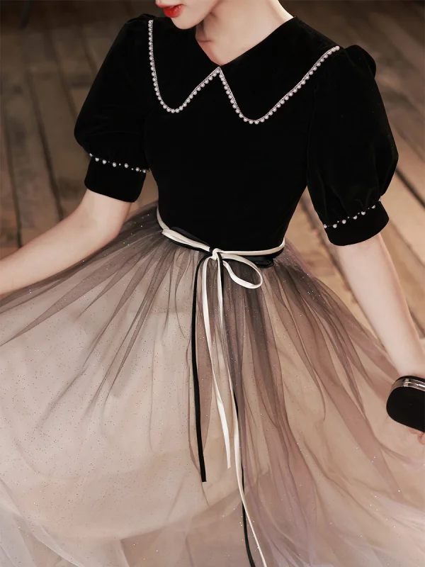 Elegant Black Evening Dresses 2023 A-Line / Princess Pearl Scoop Neck Bow Sash Short Sleeve Floor-Length / Long Evening Party Formal Dresses