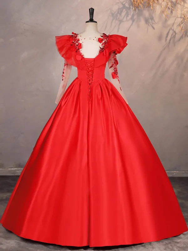 Vintage / Retro Red Beading Sequins Lace Flower Appliques Prom Dresses 2025 Ball Gown Scoop Neck Long Sleeve Backless Floor-Length / Long Formal Dresses