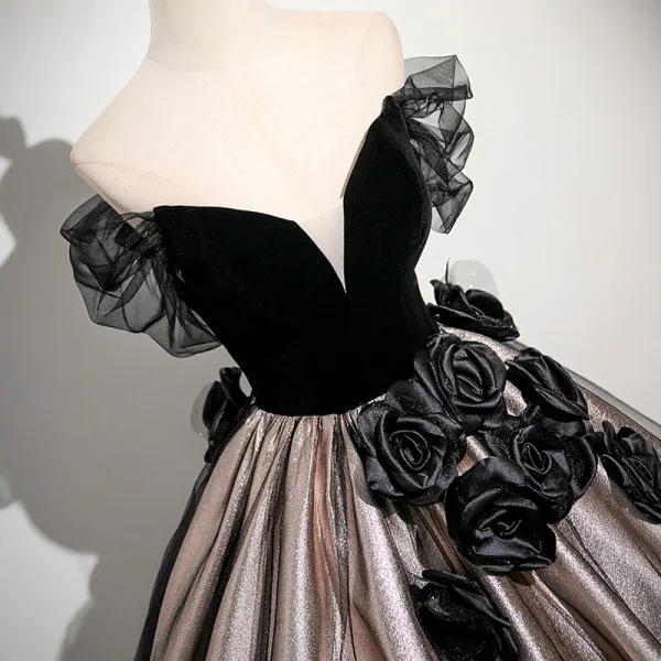 Elegant Black Prom Dresses Ball Gown Appliques 2025 Strapless Sleeveless Backless Floor-Length / Long Prom Formal Dresses