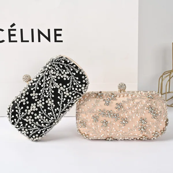 Moda Kopertówki Czarne Frezowanie Perła Rhinestone Wykonany Ręcznie Poliester Wieczorowe 2023 Kopertówki