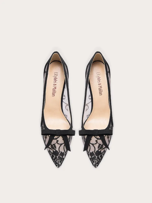 Sexy Zwarte Kant Bloem Strik Gala Pumps 2024 Leer 10 cm Naaldhakken / Stiletto Spitse Neus Pumps Hoge Hakken