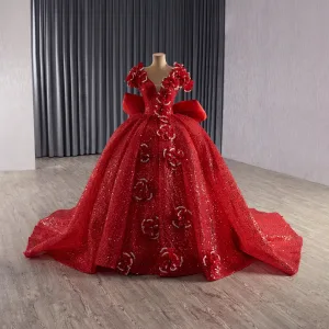 Luxury Gorgeous Red Handmade Beading Sequins Wedding Dresses 2025 Ball Gown V Neck Short Sleeve Backless Bow Court Train Wedding