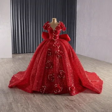 Luxury Gorgeous Red Handmade Beading Sequins Wedding Dresses 2025 Ball Gown V Neck Short Sleeve Backless Bow Court Train Wedding