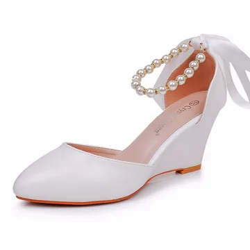 Mode Blanche Perle Bride Cheville Noeud Chaussure De Mariée 2024 7 Cm Compensées À Bout Pointu Mariage Sandales