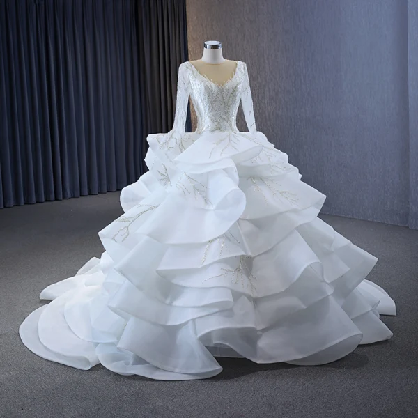 Luxury / Gorgeous Charming White Beading Sequins Cascading Ruffles Wedding Dresses 2023 Ball Gown Scoop Neck Long Sleeve Backless Chapel Train Wedding