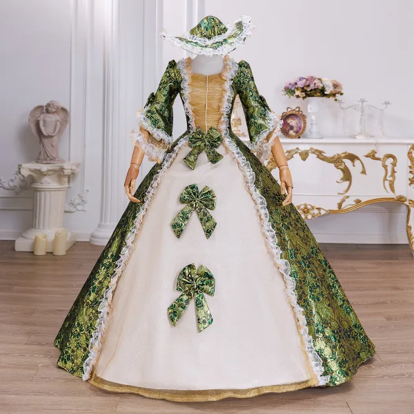 Vintage / Retro Medieval Gold Printing Bow Lace Flower Prom Dresses 2025 Ball Gown Square Neckline Bell sleeves Floor-Length / Long Formal Dresses