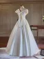 Modest / Simple Elegant White Satin Wedding Dresses 2024 Ball Gown V-Neck Short Sleeve Backless Floor-Length / Long Wedding