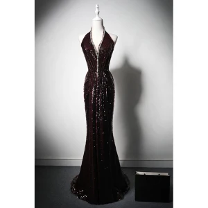 Sexy Bordeaux Paillettes Faux Diamant Robe De Soirée 2024 Trompette Sirène Titulaire Sans Manches Dos Nu Train De Balayage Soirée Robe De Ceremonie
