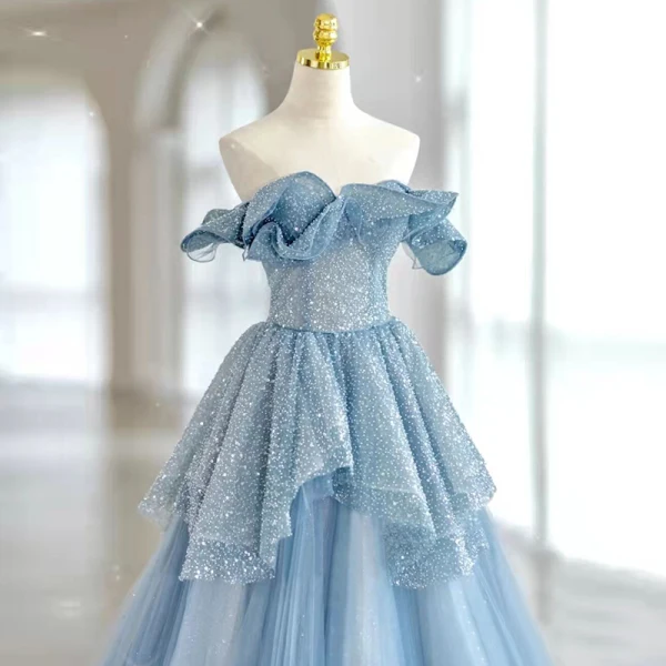 Schöne Himmelblau Pailletten Ballkleider 2022 Off Shoulder A Linie Ärmellos Rückenfreies Lange Ball Festliche Kleider