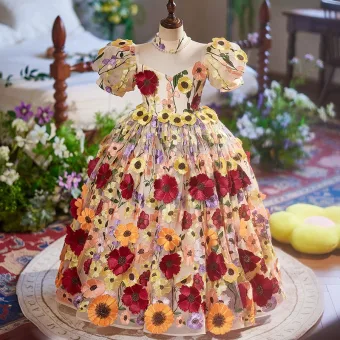Fée Des Fleurs Multi Couleurs En Dentelle Fleur Appliques Anniversaire Robe Ceremonie Fille 2025 Robe Boule Col Haut Manches Courtes Dos Nu Longue Tulle