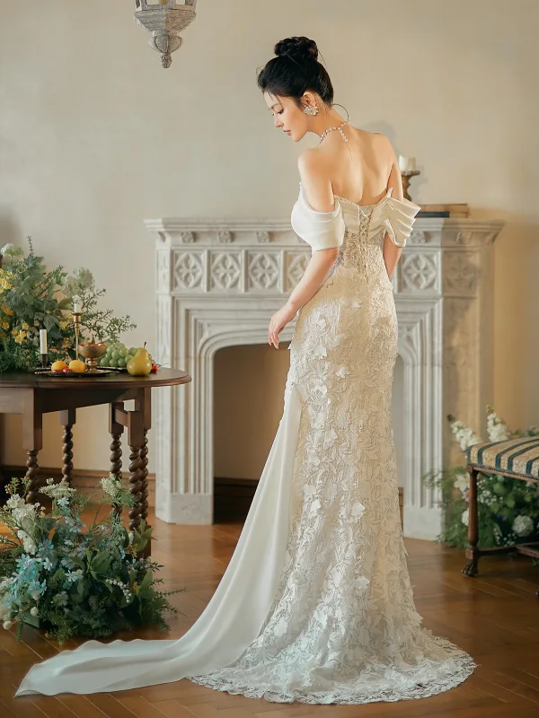 High-end White Pearl Lace Flower Wedding Dresses 2025 Trumpet / Mermaid Off-The-Shoulder Sleeveless Backless Sweep Train Wedding