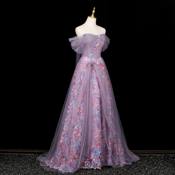Chic / Beautiful Purple Multi-Colors Appliques Prom Dresses 2025 A-Line / Princess Off-The-Shoulder Short Sleeve Backless Floor-Length / Long Prom Formal Dresses