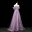Chic / Beautiful Purple Multi-Colors Appliques Prom Dresses 2025 A-Line / Princess Off-The-Shoulder Short Sleeve Backless Floor-Length / Long Prom Formal Dresses