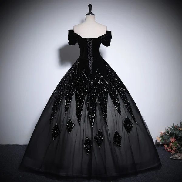 Vintage / Retro Black Rhinestone Prom Dresses 2024 Ball Gown Off-The-Shoulder Short Sleeve Backless Floor-Length / Long Prom Formal Dresses