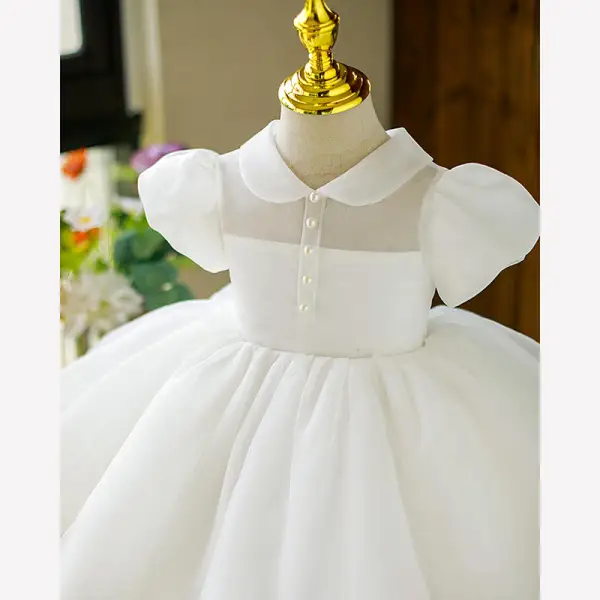 Modest / Simple Ivory Birthday Flower Girl Dresses 2022 Ball Gown High Neck Puffy Short Sleeve Floor-Length / Long Flower Girl Dresses