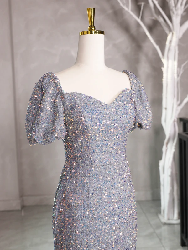 Sparkly Grey Beading Sequins Prom Dresses 2024 Trumpet / Mermaid Square Neckline Short Sleeve Backless Floor-Length / Long Prom Formal Dresses