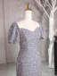 Sparkly Grey Beading Sequins Prom Dresses 2024 Trumpet / Mermaid Square Neckline Short Sleeve Backless Floor-Length / Long Prom Formal Dresses
