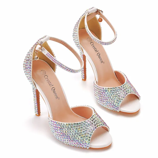 Charmant Weiß Multifarben Strass Brautschuhe 2022 11 cm Stilettos Peeptoes Hochzeit Sandaletten Hochhackige