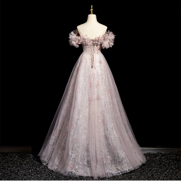 Élégant Rougissant Rose Appliques Paillettes Robe De Bal 2024 Princesse De l'épaule Manches Courtes Dos Nu Longue Promo Robe De Ceremonie