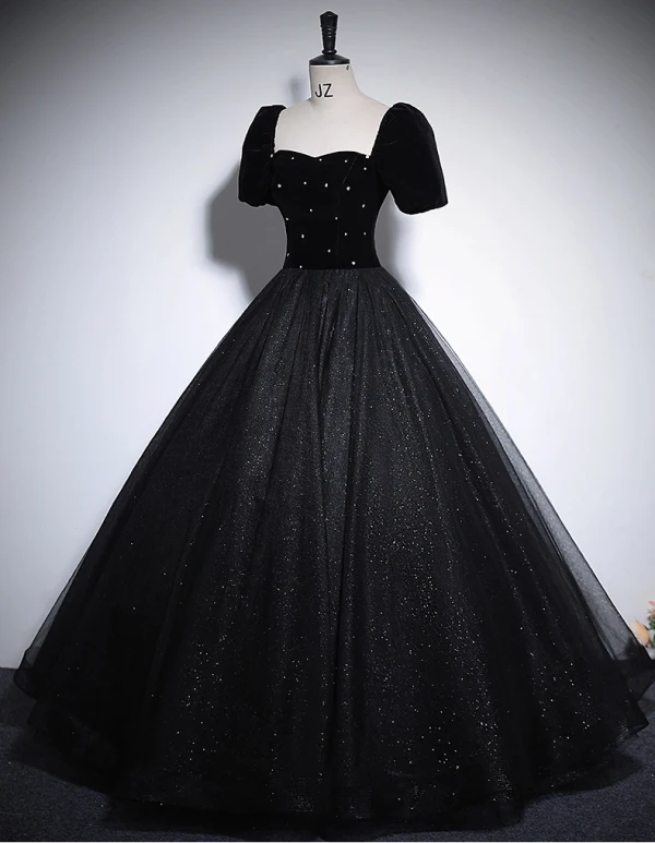 Audrey Hepburn Style Black Glitter Rhinestone Prom Dresses 2024 Ball Gown Square Neckline Short Sleeve Backless Floor-Length / Long Prom Formal Dresses