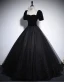 Audrey Hepburn Style Black Glitter Rhinestone Prom Dresses 2024 Ball Gown Square Neckline Short Sleeve Backless Floor-Length / Long Prom Formal Dresses