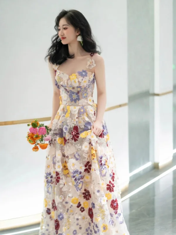 Flower Fairy Multi-Colors Lace Flower Appliques Prom Dresses 2025 A-Line / Princess Spaghetti Straps Sleeveless Backless Floor-Length / Long Formal Dresses
