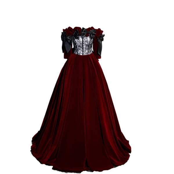 Elegante Bordeaux Suede Velour Galajurken 2023 A lijn Uit De Schouder Korte Mouwen Ruglooze Strik Sweep Trein Gala Gelegenheid Jurken