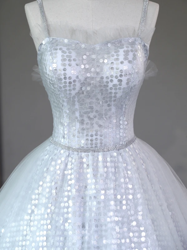 Scintillantes Gris Paillettes Robe De Soirée 2023 Robe Boule Faux Diamant Bretelles Spaghetti Sans Manches Dos Nu Longue Soirée Robe De Ceremonie