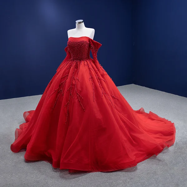 High-end Red Beading Pearl Prom Dresses 2022 Ball Gown Off-The-Shoulder 1/2 Sleeves Backless Chapel Train