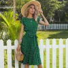 Romántico Regular Verde Oscuro Puntos de Polka Playa Manga Corta Vestidos largos 2021 Ropa de calle Scoop Escote Verano Ropa de mujer