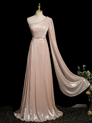 Chic Beautiful Blushing Pink Pearl Rhinestone Prom Dresses 2024 A Line Princess One Shoulder Sleeveless Backless Floor Length Long Prom Formal Dresses