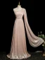 Chic / Beautiful Blushing Pink Pearl Rhinestone Prom Dresses 2024 A-Line / Princess One-Shoulder Sleeveless Backless Floor-Length / Long Prom Formal Dresses