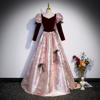 Elegant Sequins Burgundy Velour Prom Dresses 2023 Ball Gown Square Neckline 3 4 Sleeve Bow Backless Floor Length Long Prom Formal Dresses