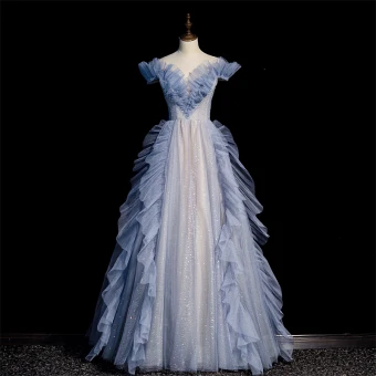 Mode Bleu Ciel Volants Robe De Bal 2022 Princesse De L Épaule Paillettes Perle Manches Courtes Dos Nu Longue Promo Robe De Ceremonie